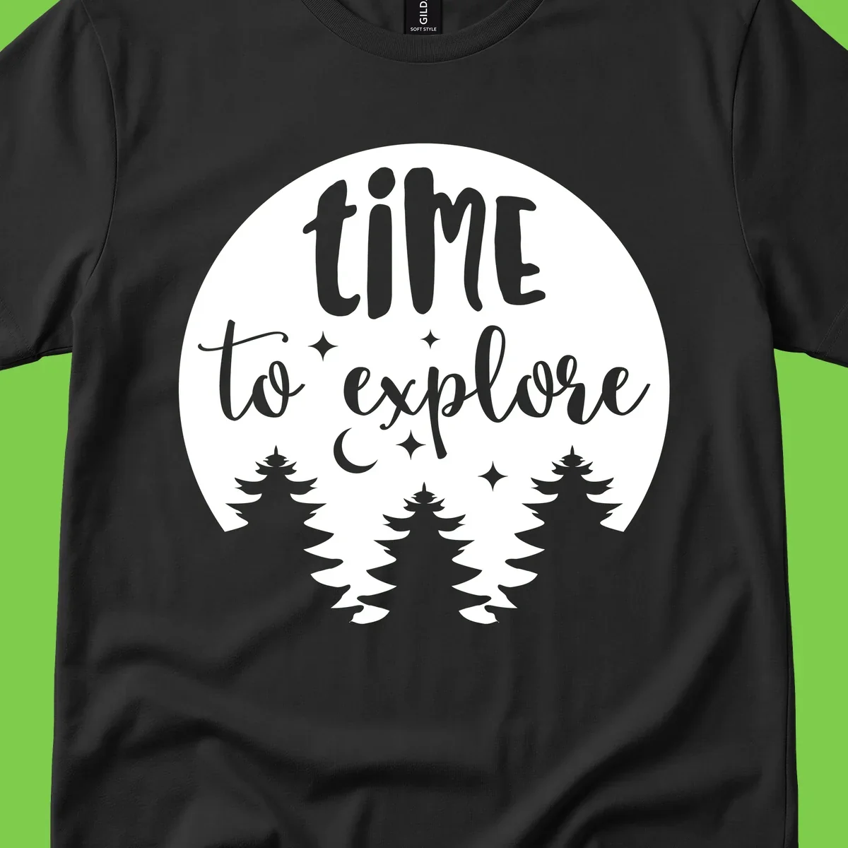 Circular design with 'time to explore' text, crescent moon, pine trees, and stars in gray on white background