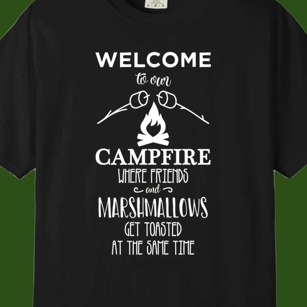Campfire design with roasting sticks and marshmallows, welcoming text about friends and toasted marshmallows