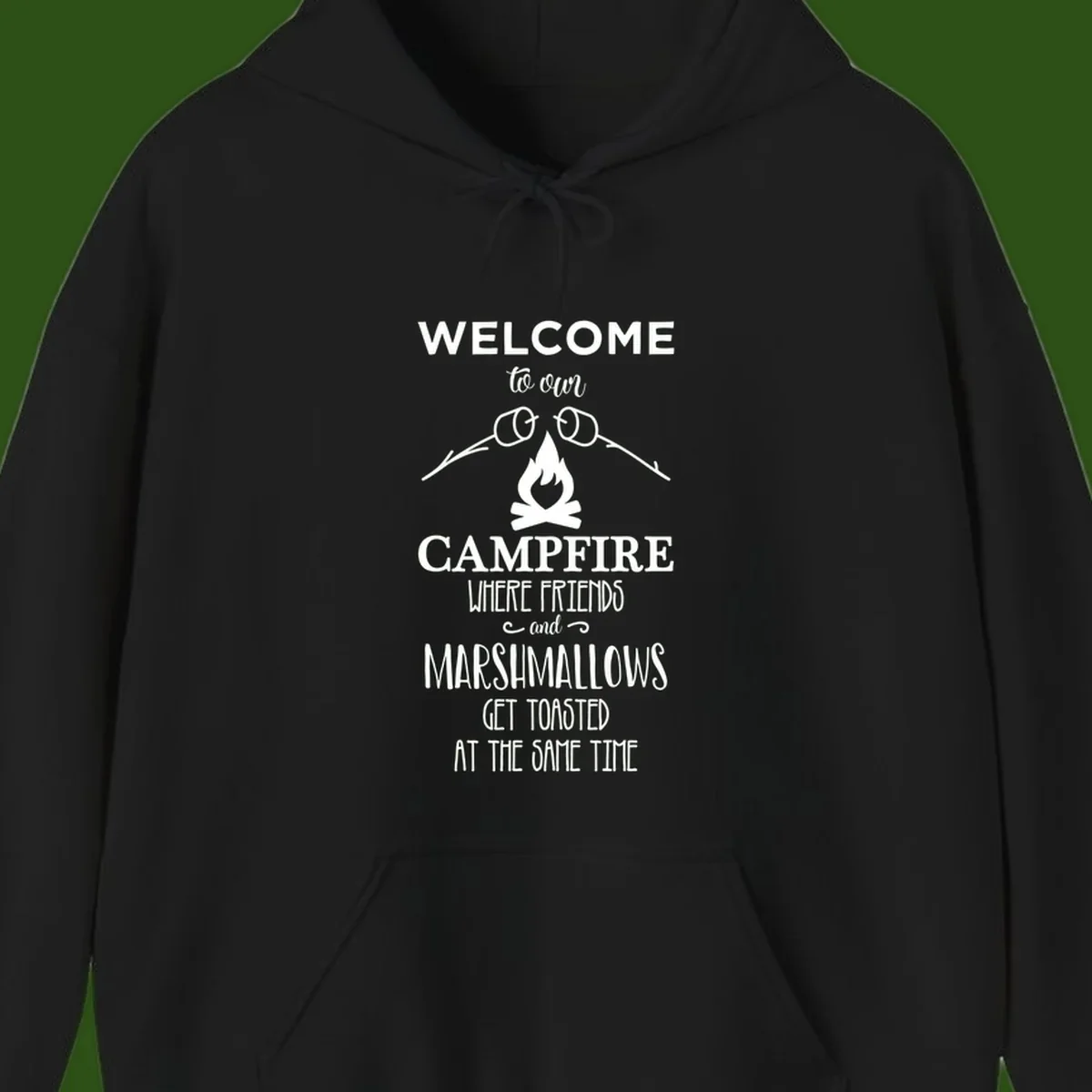 Campfire design with roasting sticks and marshmallows, welcoming text about friends and toasted marshmallows