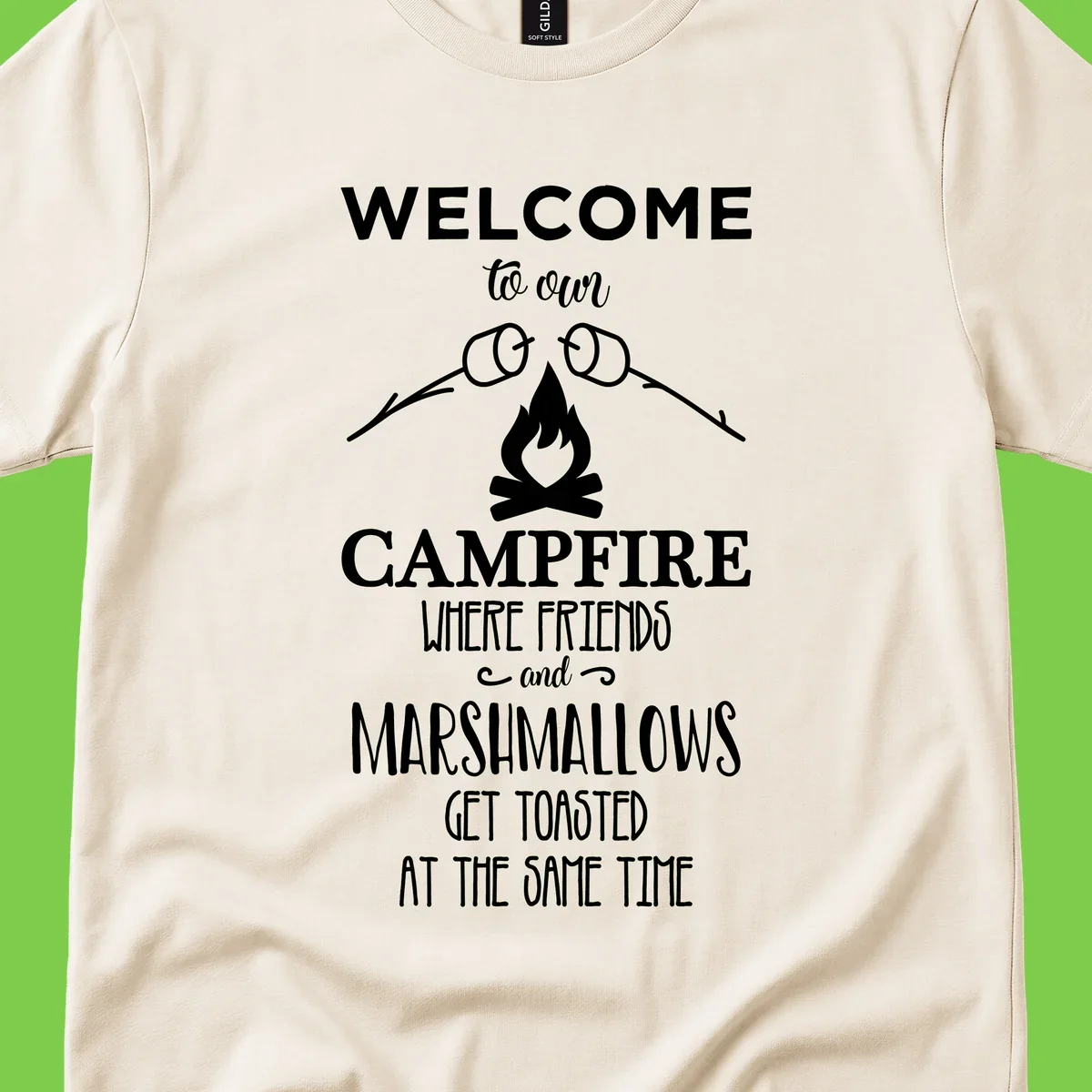 Campfire design with roasting sticks and marshmallows, welcoming text about friends and toasted marshmallows