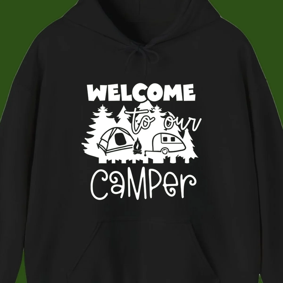 White camping illustration with tent, campfire, and travel trailer surrounded by pine trees and 'Welcome To Our Camper' text on gray background