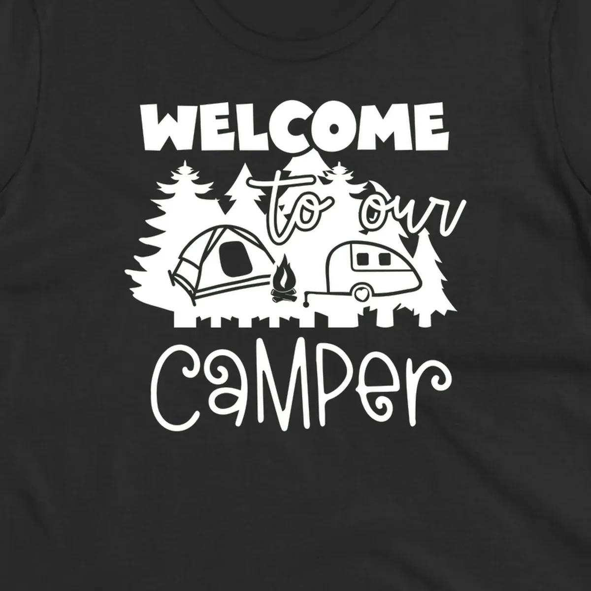 White camping illustration with tent, campfire, and travel trailer surrounded by pine trees and 'Welcome To Our Camper' text on gray background