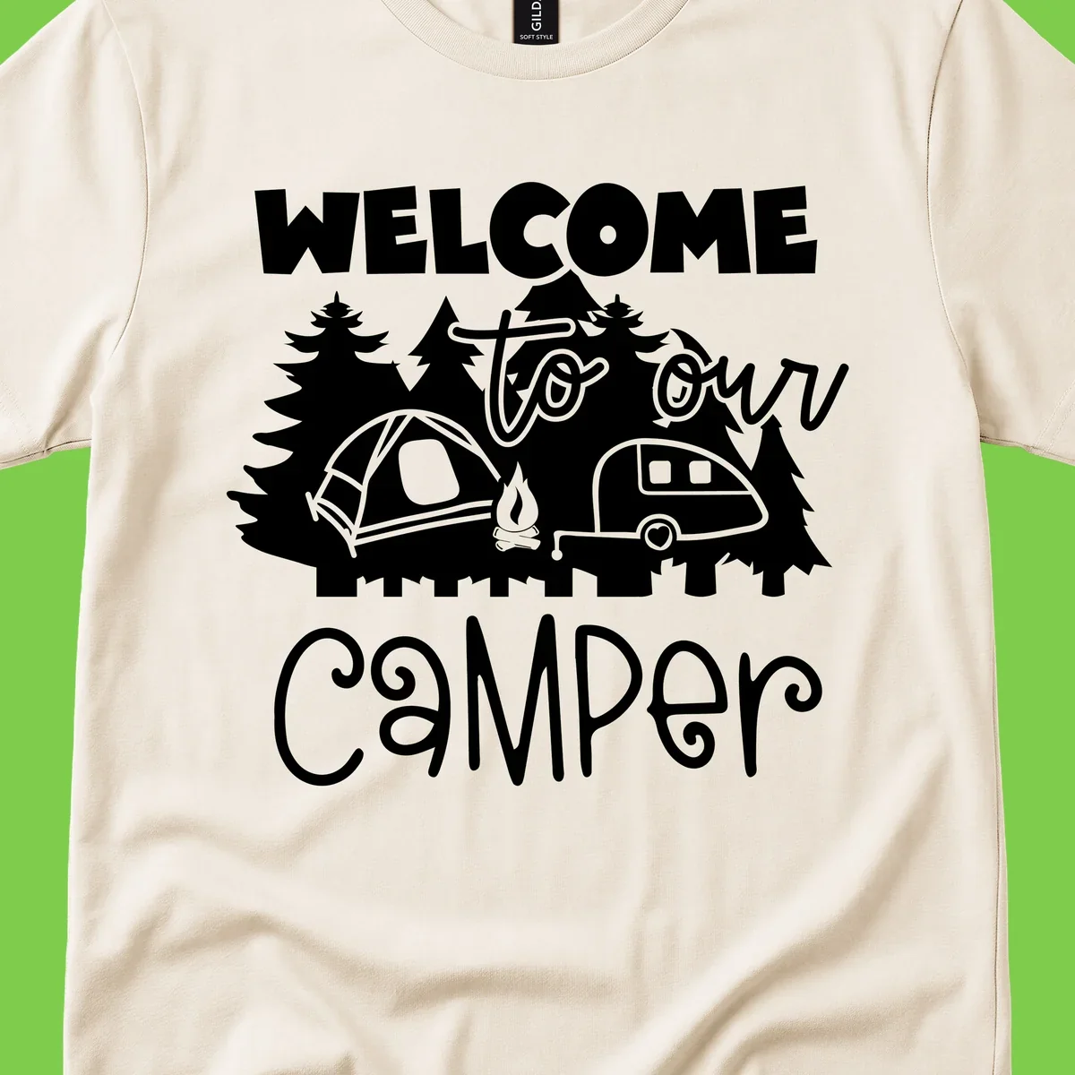 White camping illustration with tent, campfire, and travel trailer surrounded by pine trees and 'Welcome To Our Camper' text on gray background