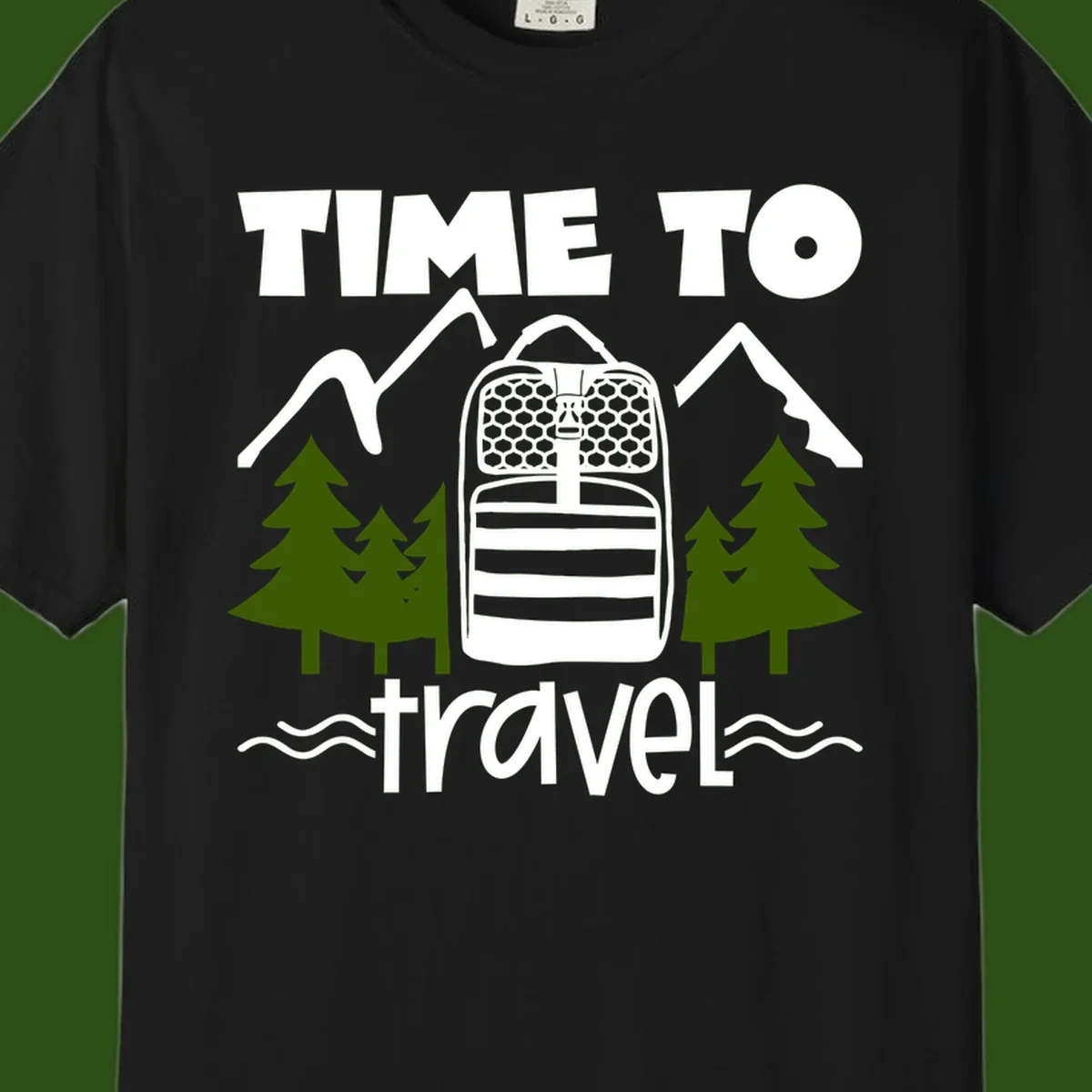 Time to travel backpack design with snow mountains, pine trees, and wavy water lines on gray background