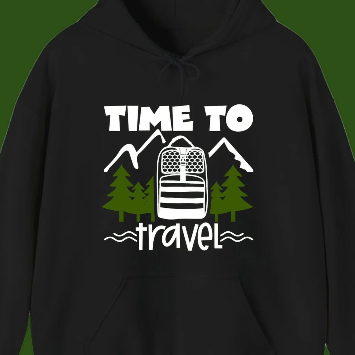 Time to travel backpack design with snow mountains, pine trees, and wavy water lines on gray background
