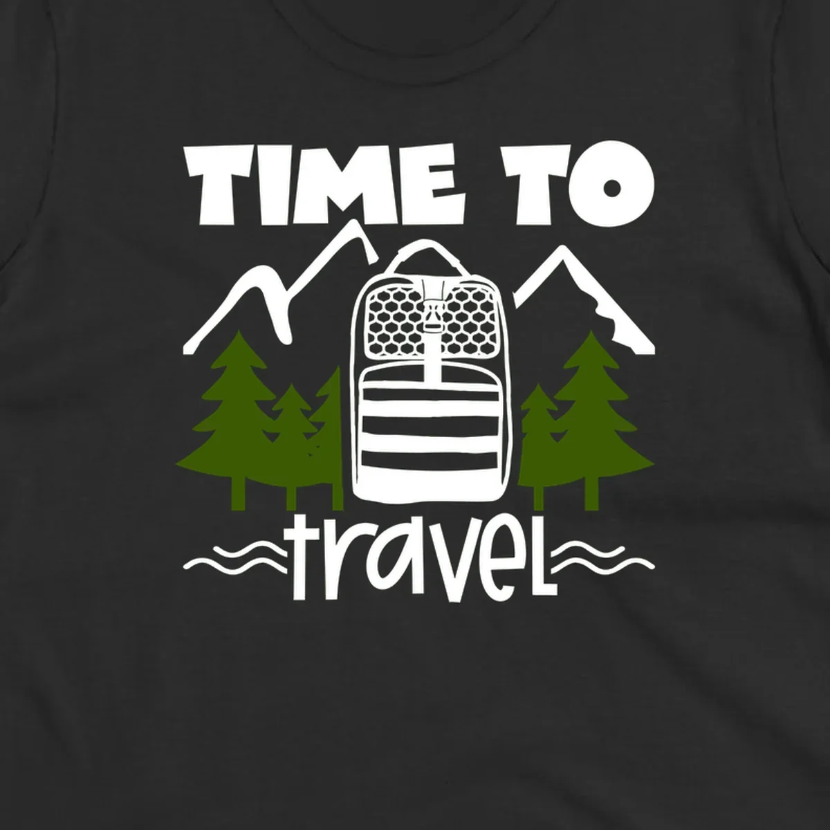 Time to travel backpack design with snow mountains, pine trees, and wavy water lines on gray background