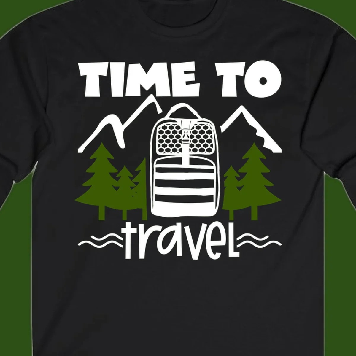 Time to travel backpack design with snow mountains, pine trees, and wavy water lines on gray background