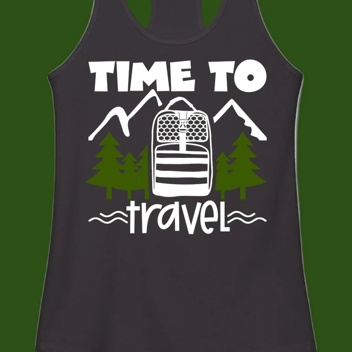 Time to travel backpack design with snow mountains, pine trees, and wavy water lines on gray background