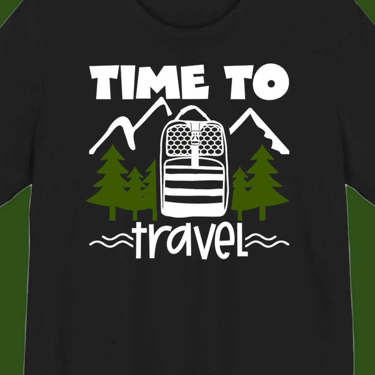 Time to travel backpack design with snow mountains, pine trees, and wavy water lines on gray background