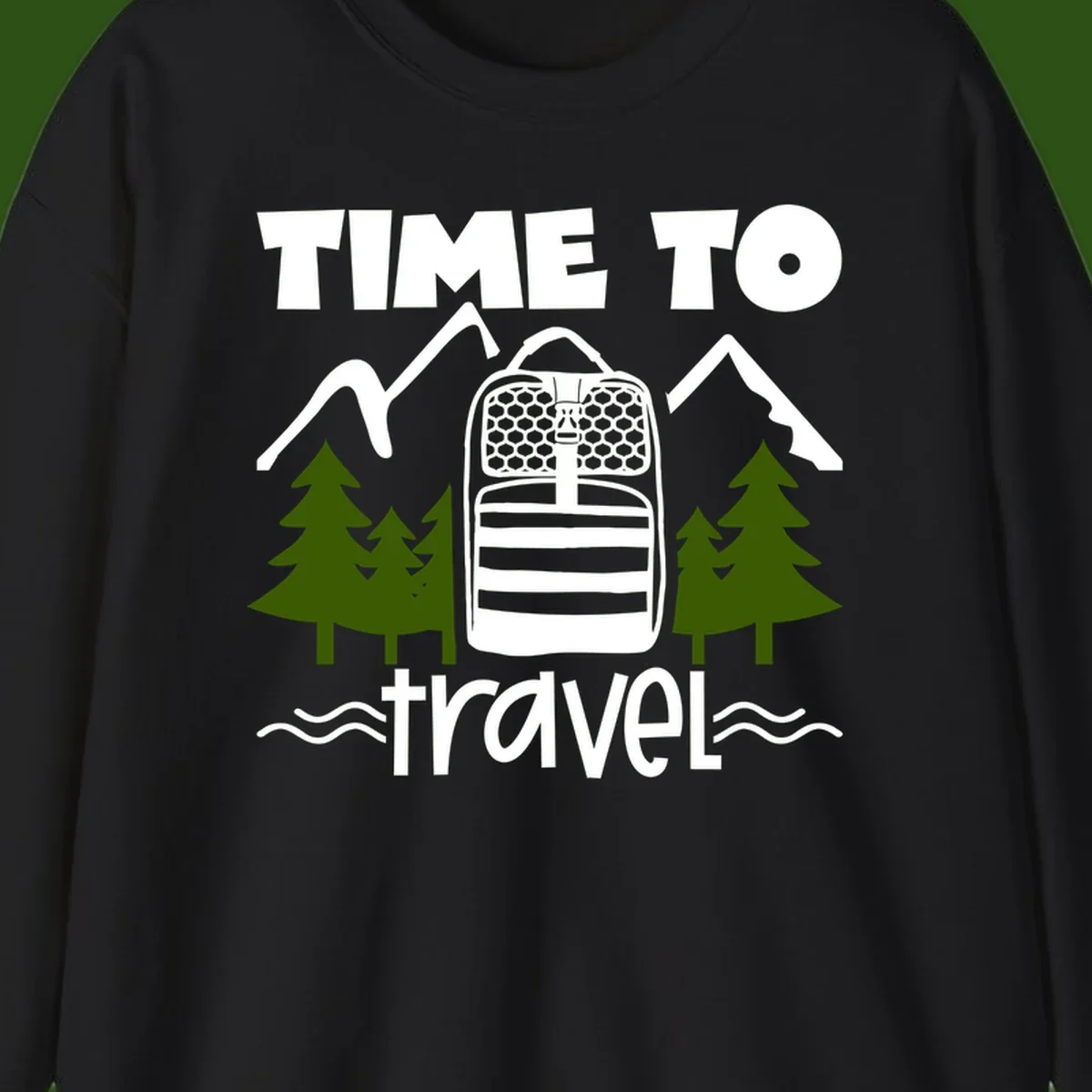 Time to travel backpack design with snow mountains, pine trees, and wavy water lines on gray background