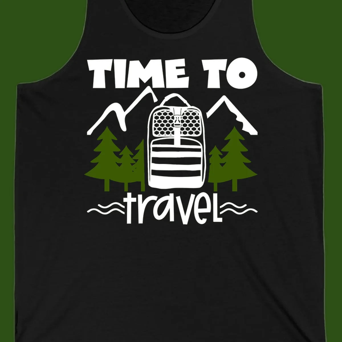 Time to travel backpack design with snow mountains, pine trees, and wavy water lines on gray background