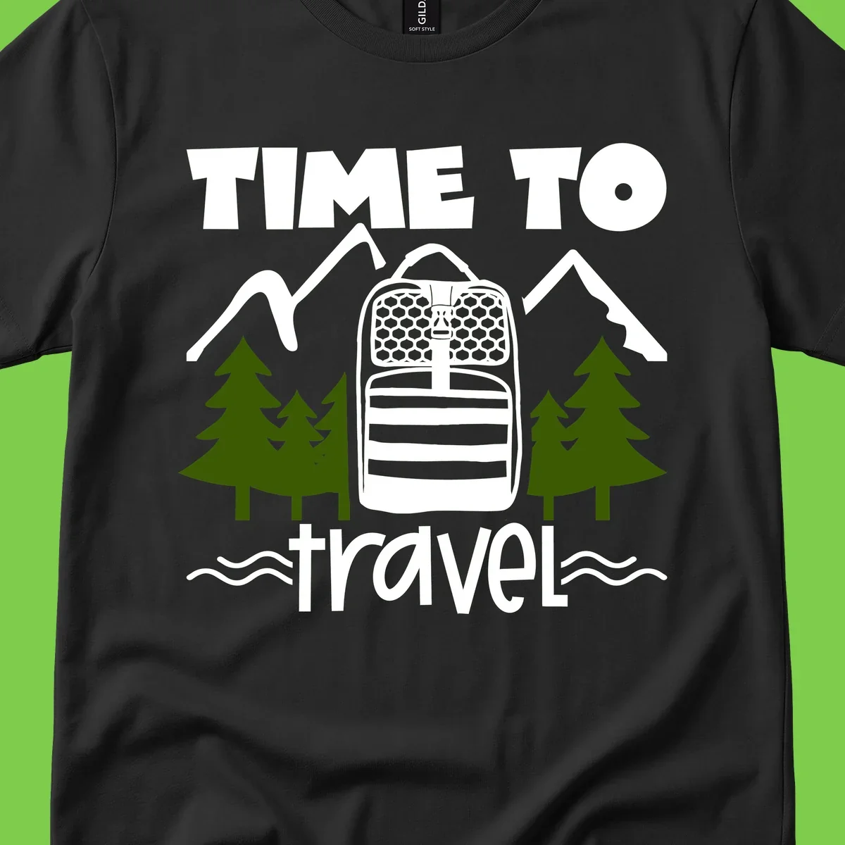 Time to travel backpack design with snow mountains, pine trees, and wavy water lines on gray background