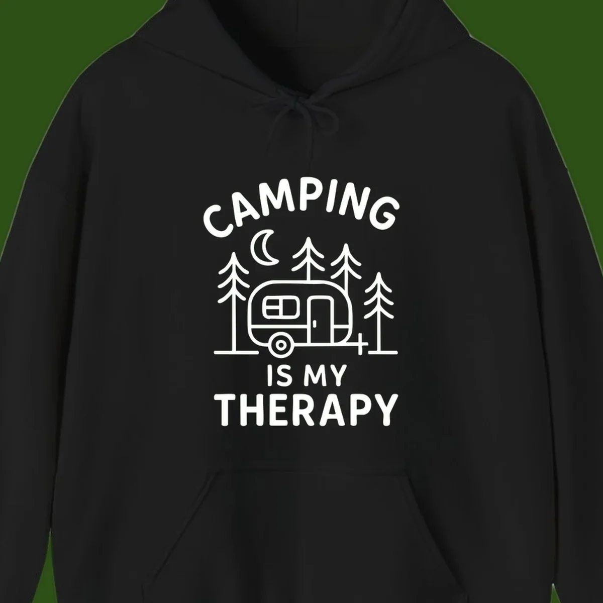 Camping therapy design with travel trailer, pine trees, and moon under text reading 'Camping Is My Therapy'