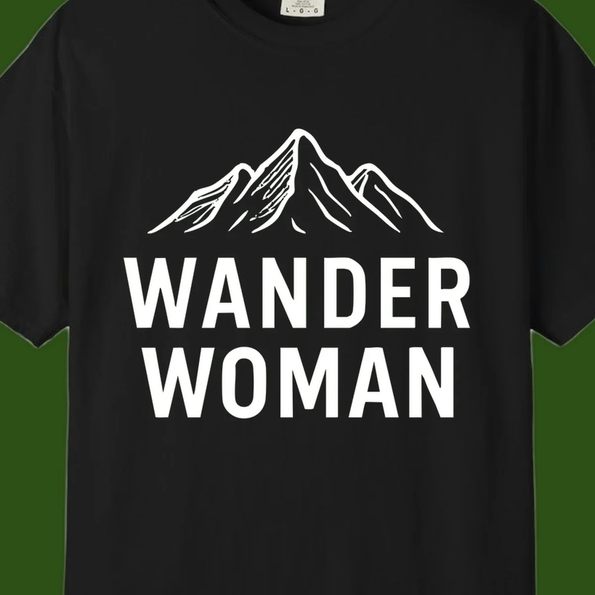 Wander woman mountain design featuring minimalist snow-capped peaks in white line art on gray background