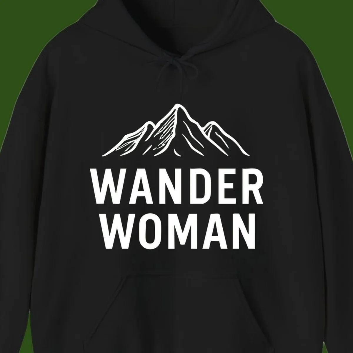 Wander woman mountain design featuring minimalist snow-capped peaks in white line art on gray background