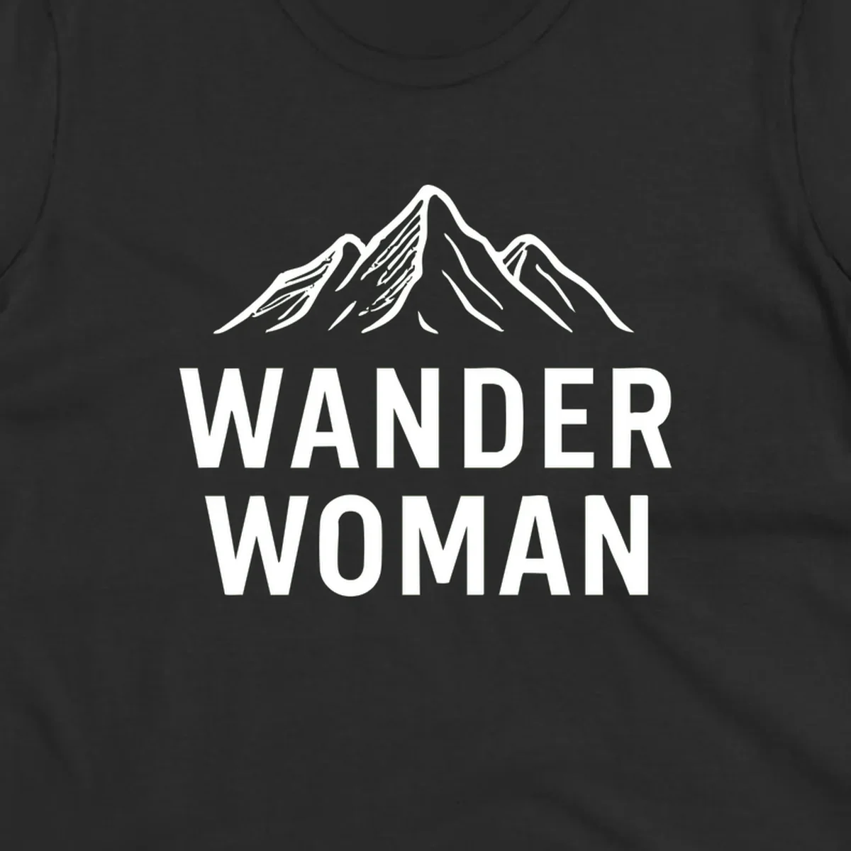 Wander woman mountain design featuring minimalist snow-capped peaks in white line art on gray background