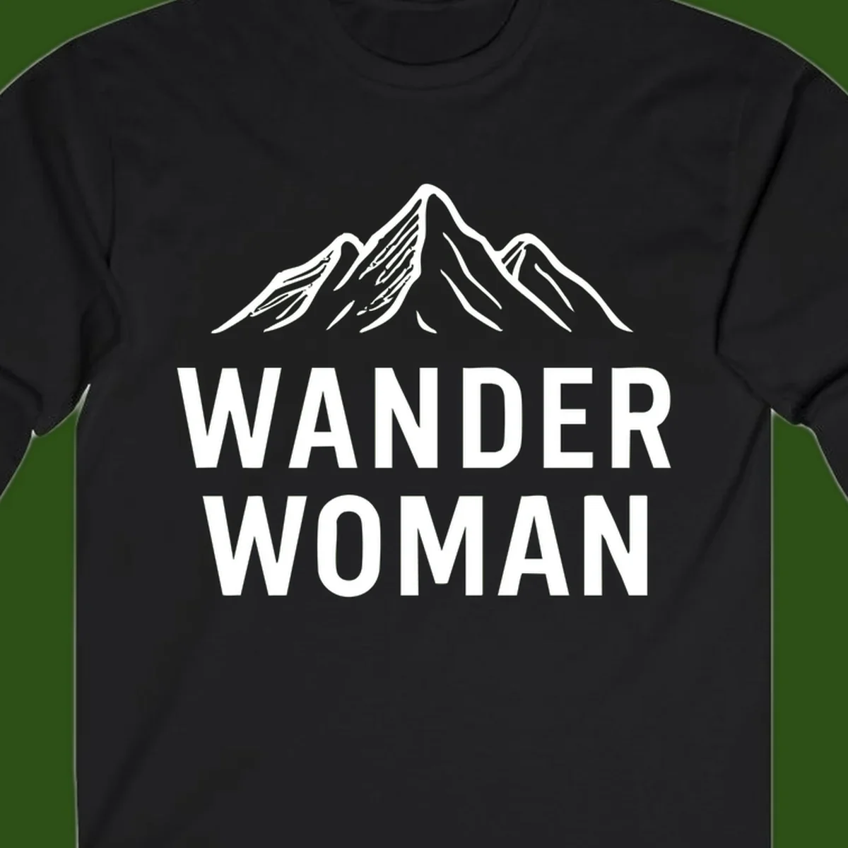 Wander woman mountain design featuring minimalist snow-capped peaks in white line art on gray background