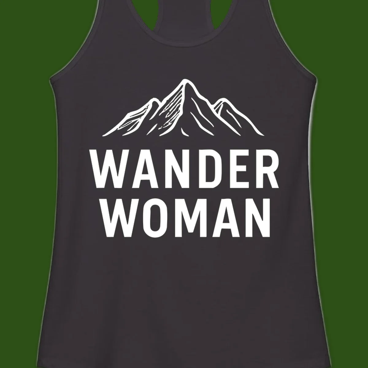 Wander woman mountain design featuring minimalist snow-capped peaks in white line art on gray background