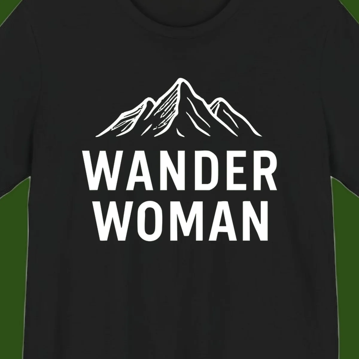 Wander woman mountain design featuring minimalist snow-capped peaks in white line art on gray background