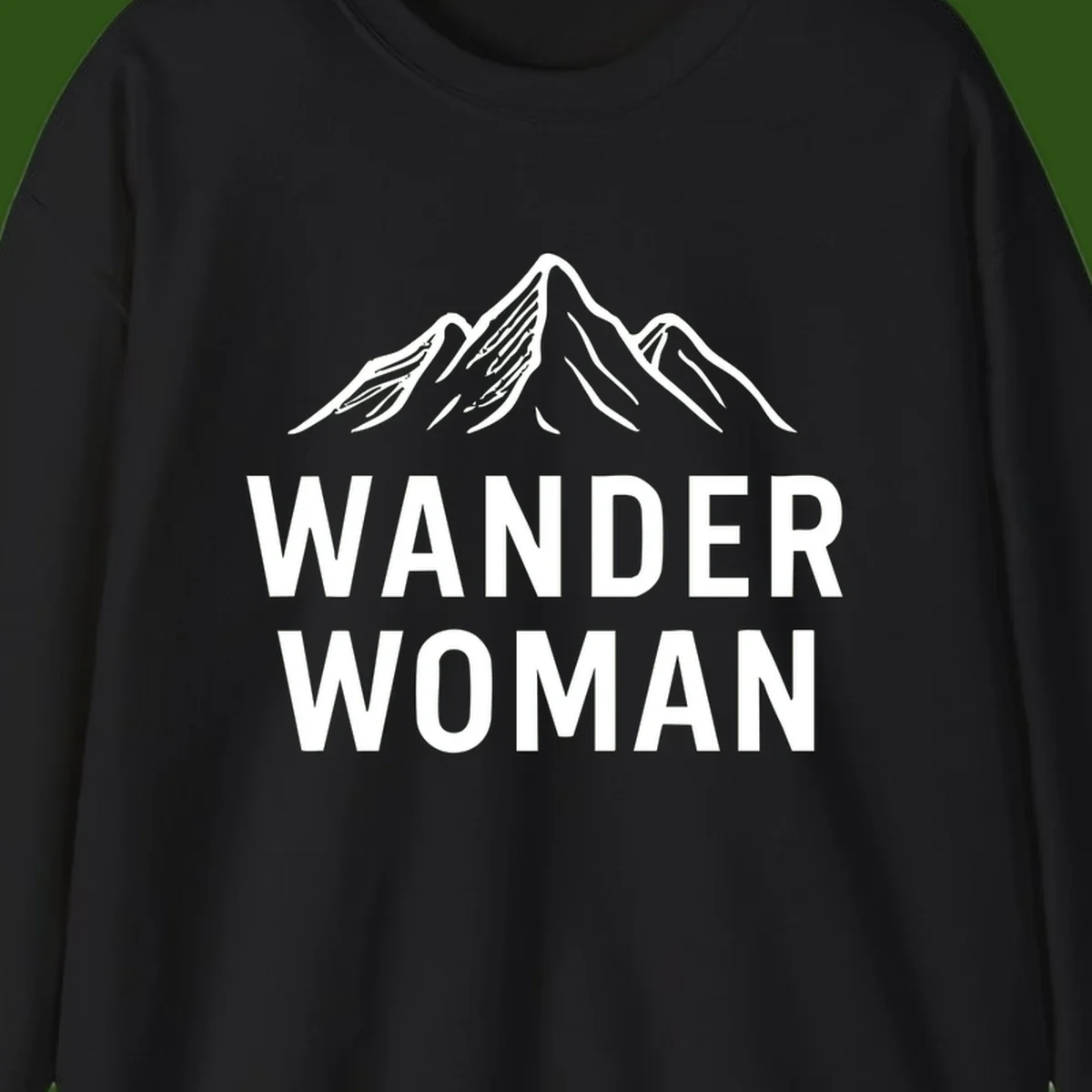 Wander woman mountain design featuring minimalist snow-capped peaks in white line art on gray background