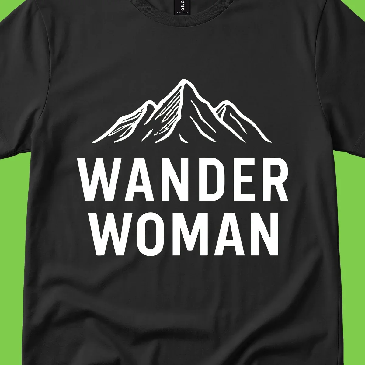 Wander woman mountain design featuring minimalist snow-capped peaks in white line art on gray background