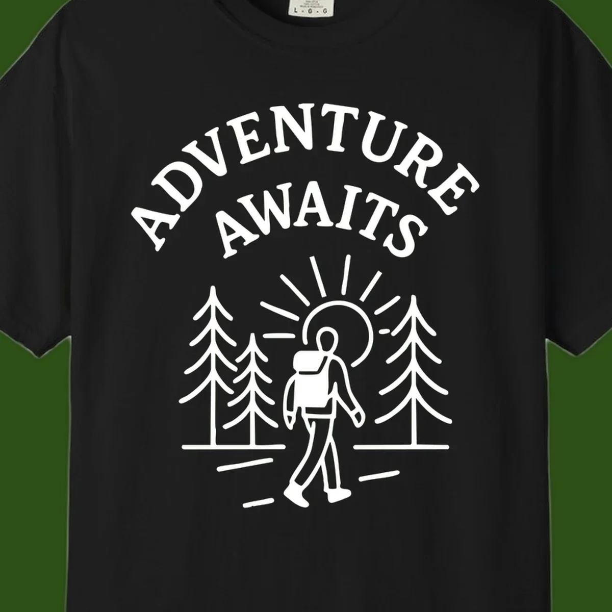 Minimalist line art of a hiker with backpack walking on a forest trail toward rising sun, with evergreen trees and 'Adventure Awaits' text.