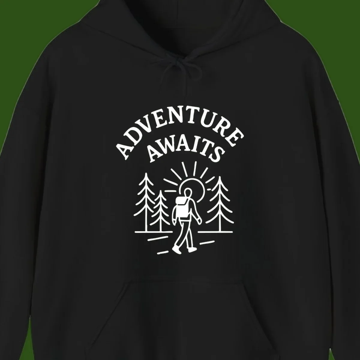 Minimalist line art of a hiker with backpack walking on a forest trail toward rising sun, with evergreen trees and 'Adventure Awaits' text.