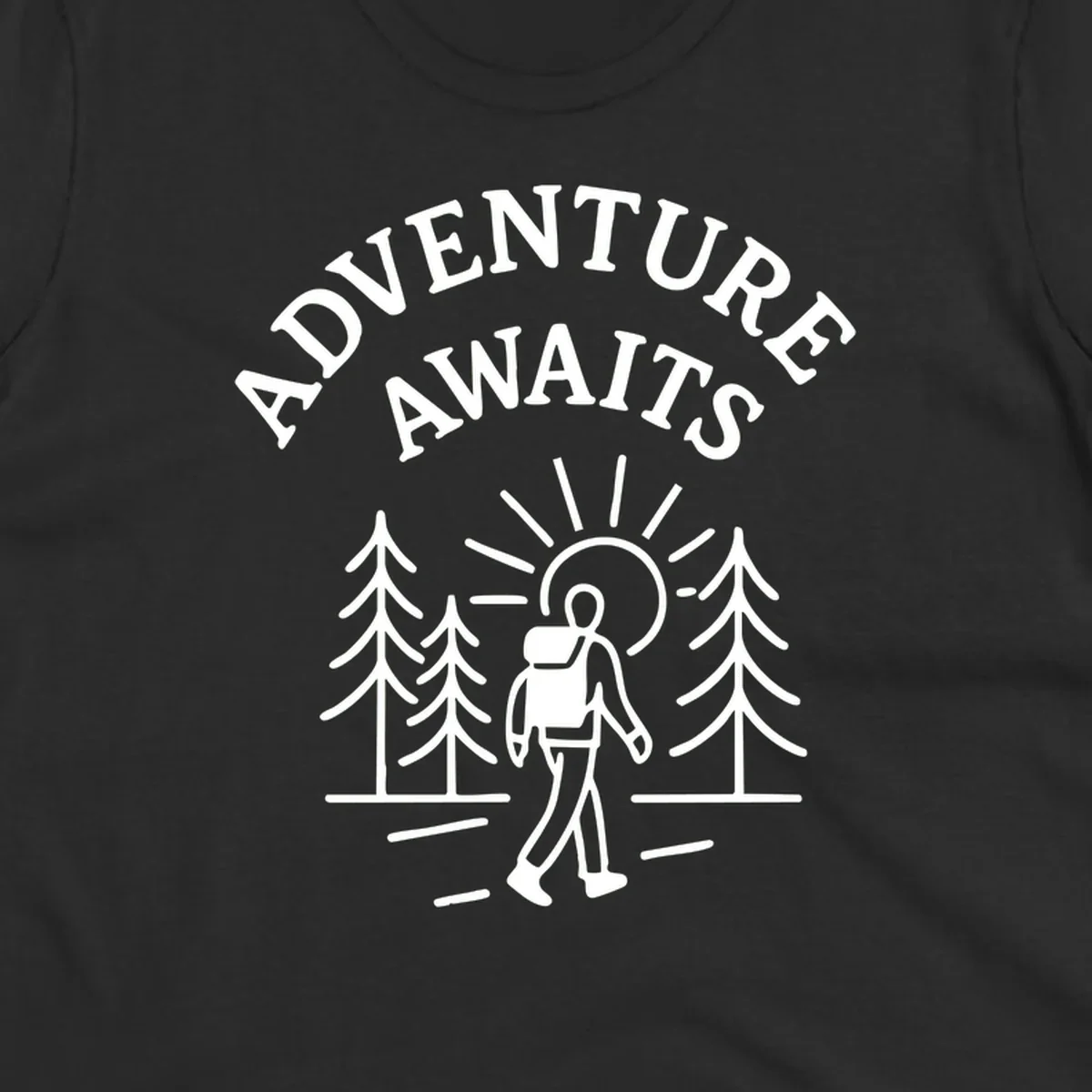 Minimalist line art of a hiker with backpack walking on a forest trail toward rising sun, with evergreen trees and 'Adventure Awaits' text.