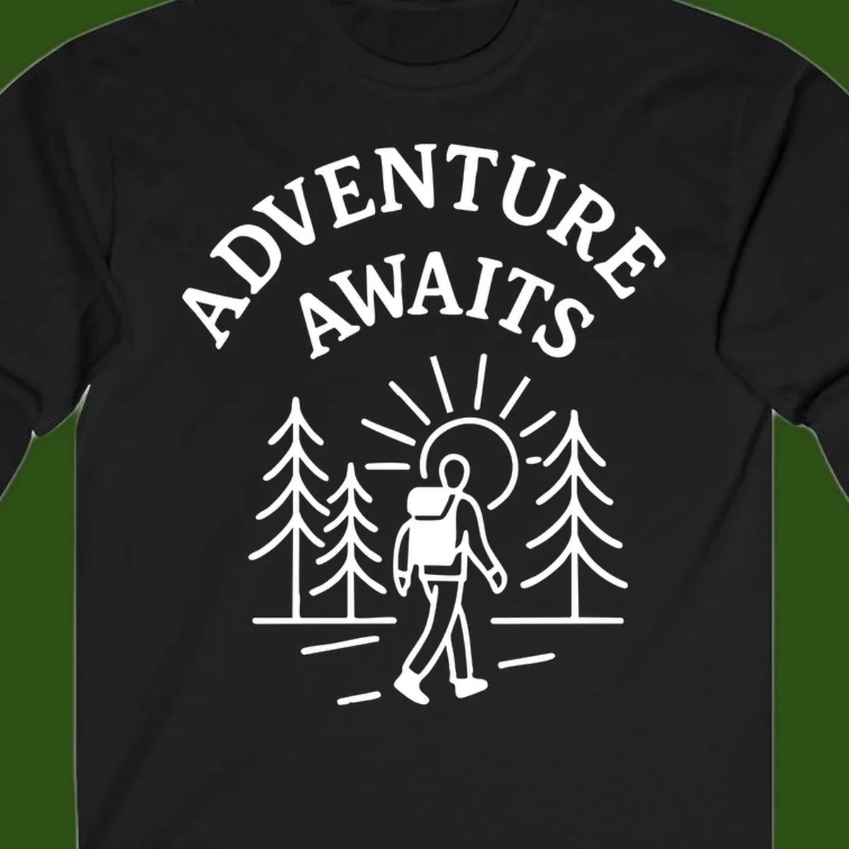 Minimalist line art of a hiker with backpack walking on a forest trail toward rising sun, with evergreen trees and 'Adventure Awaits' text.