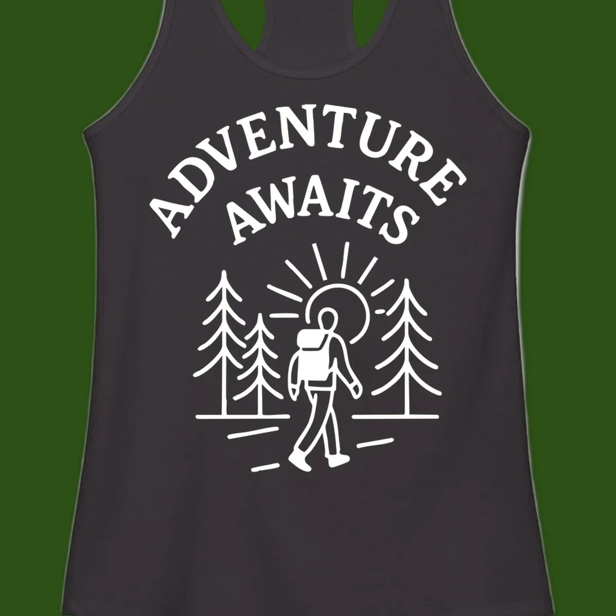 Minimalist line art of a hiker with backpack walking on a forest trail toward rising sun, with evergreen trees and 'Adventure Awaits' text.