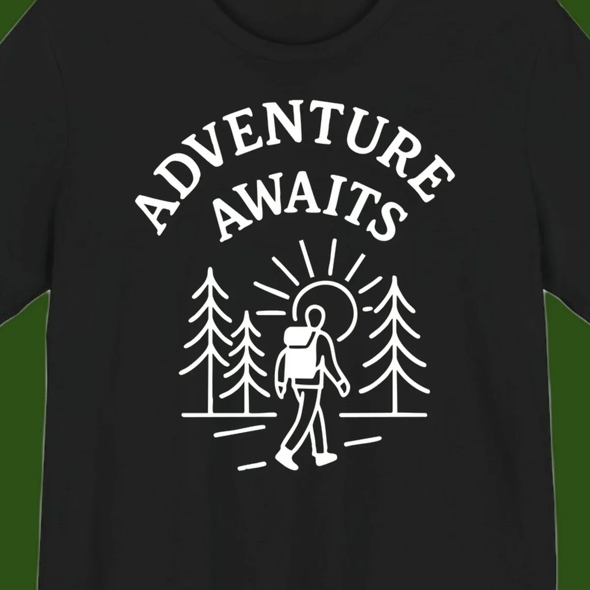 Minimalist line art of a hiker with backpack walking on a forest trail toward rising sun, with evergreen trees and 'Adventure Awaits' text.
