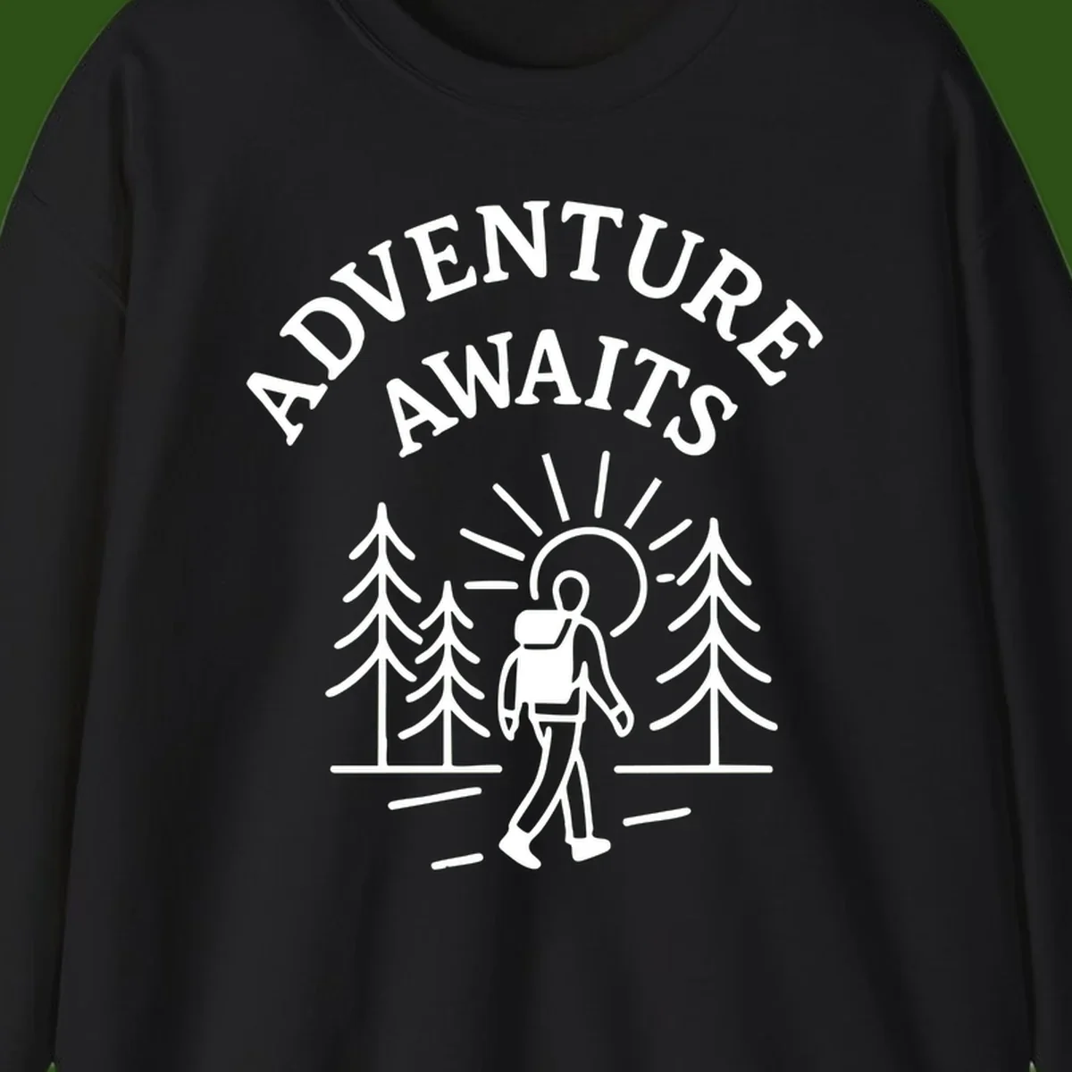 Minimalist line art of a hiker with backpack walking on a forest trail toward rising sun, with evergreen trees and 'Adventure Awaits' text.