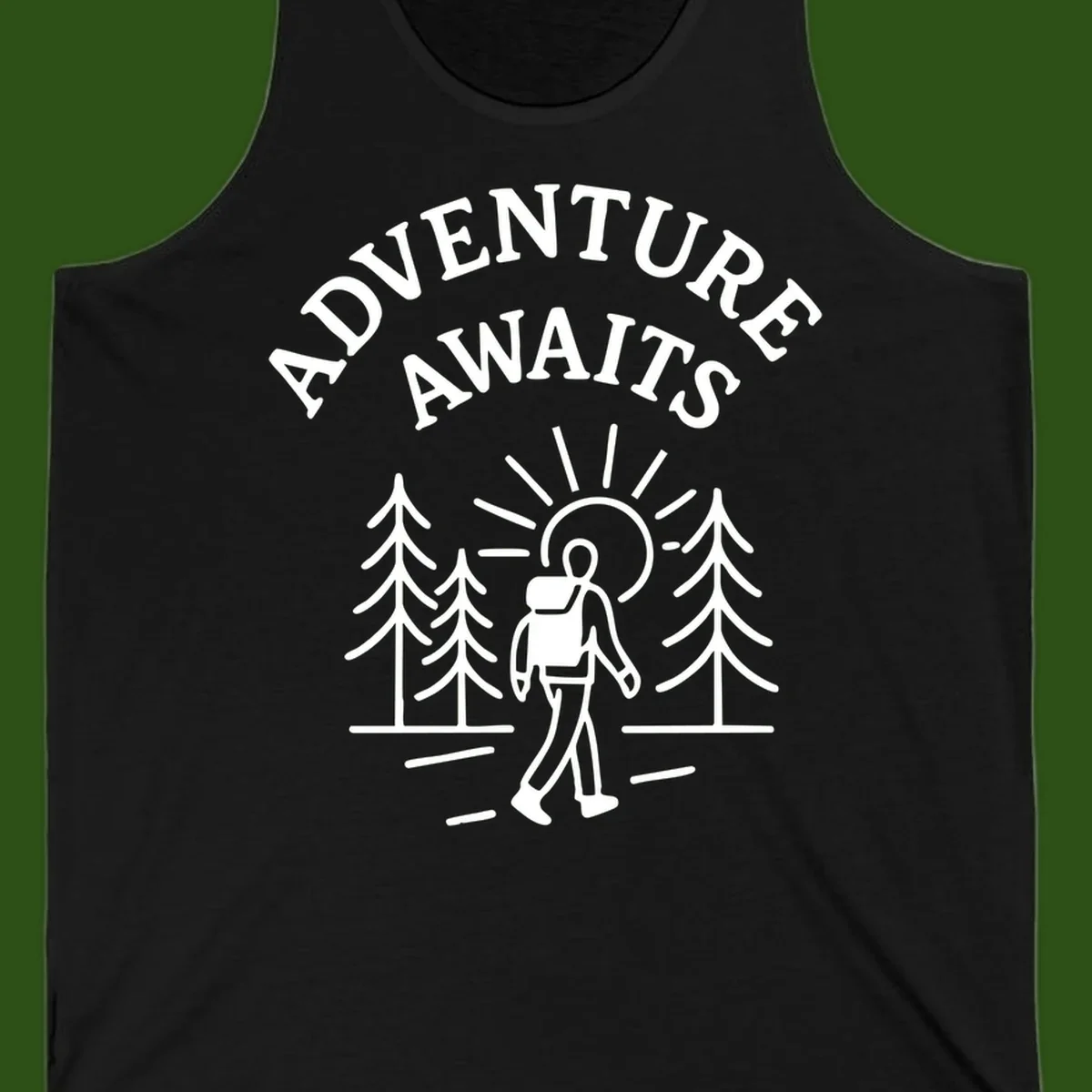 Minimalist line art of a hiker with backpack walking on a forest trail toward rising sun, with evergreen trees and 'Adventure Awaits' text.
