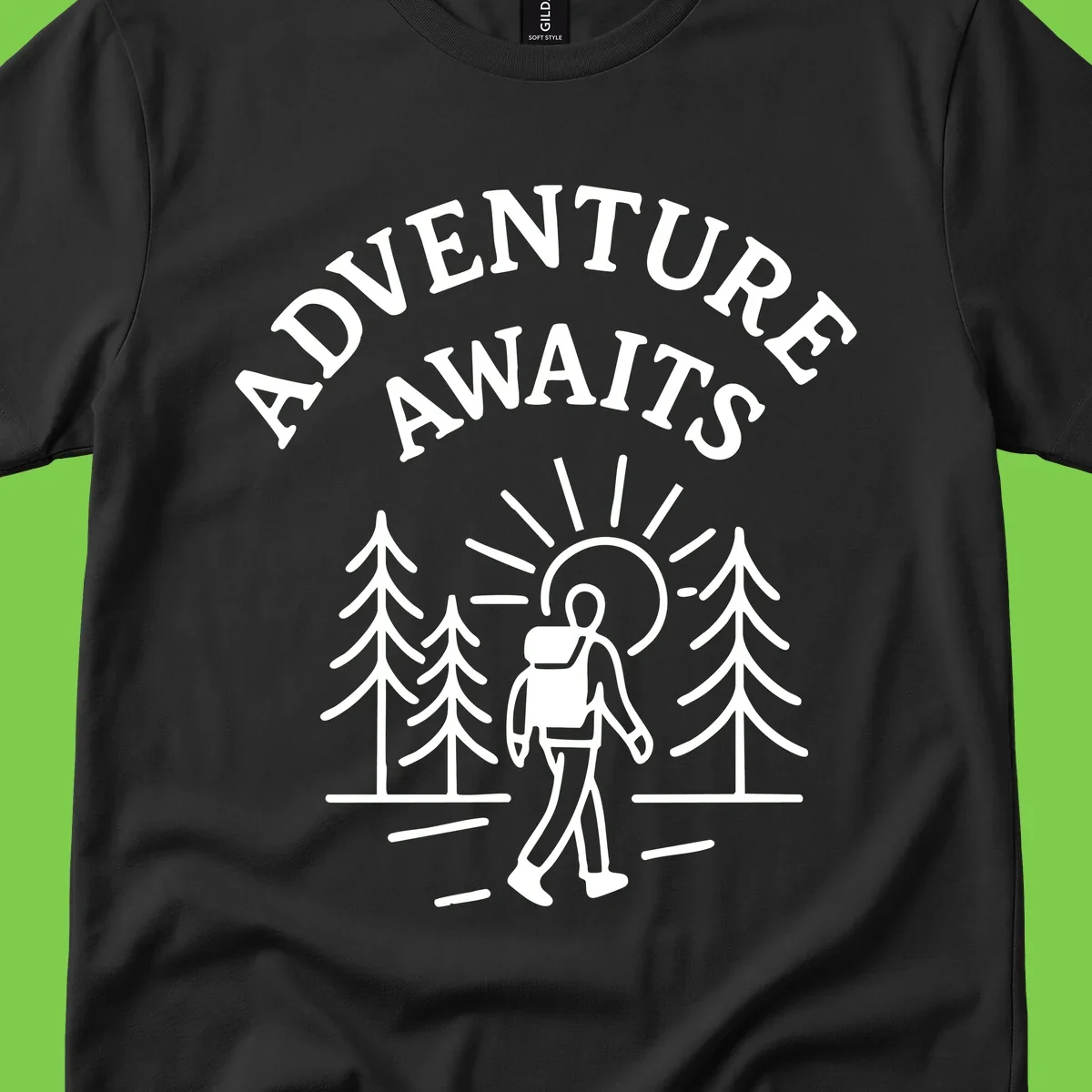 Minimalist line art of a hiker with backpack walking on a forest trail toward rising sun, with evergreen trees and 'Adventure Awaits' text.