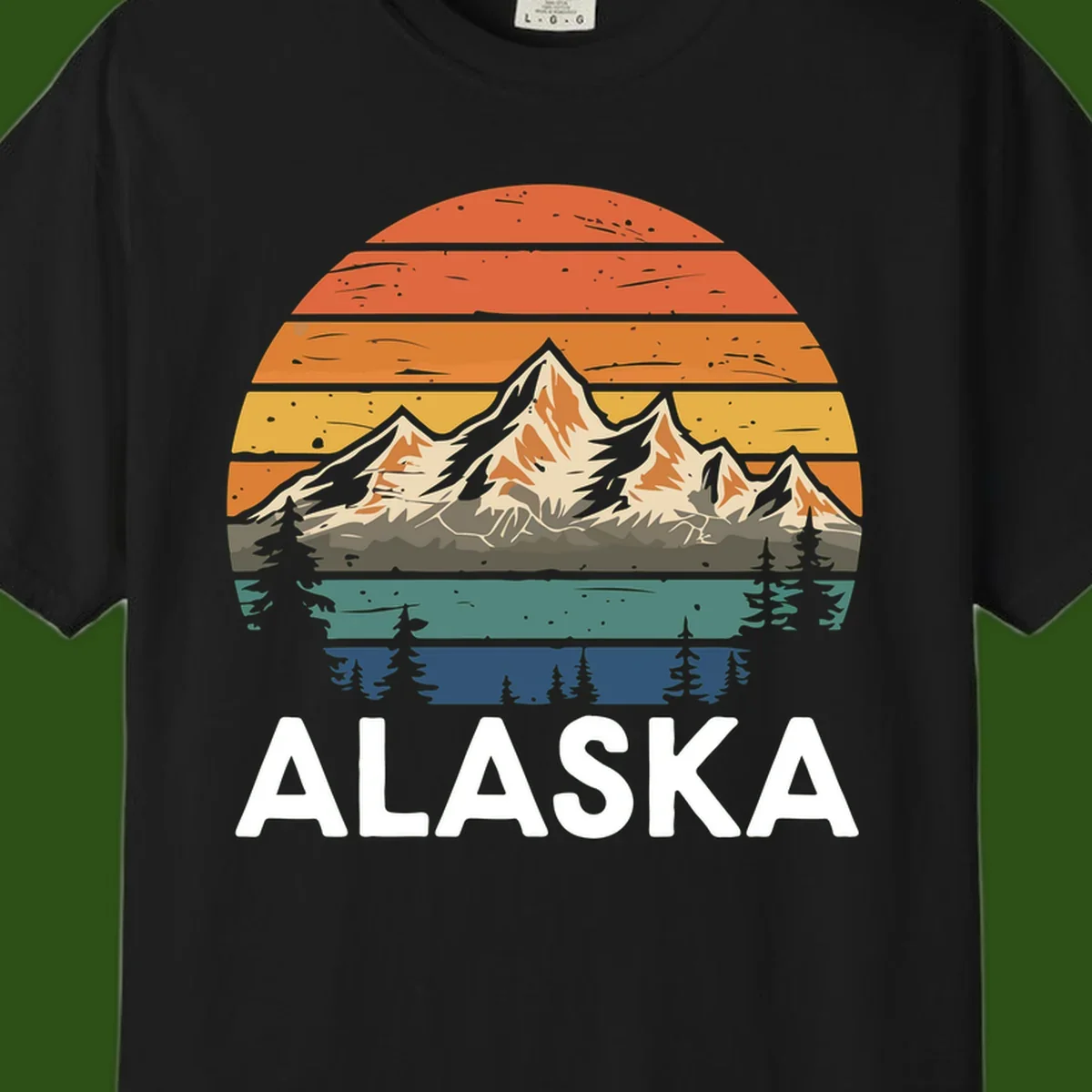 Retro layered landscape illustration of snow-capped Alaska mountains against warm sunset sky with forest silhouettes and pine trees below