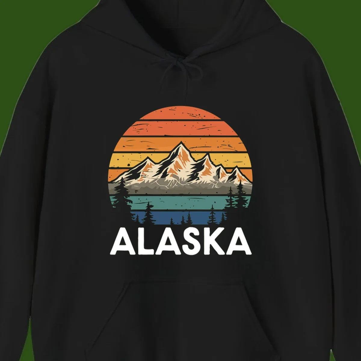 Retro layered landscape illustration of snow-capped Alaska mountains against warm sunset sky with forest silhouettes and pine trees below