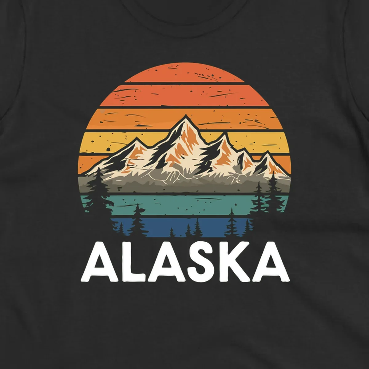 Retro layered landscape illustration of snow-capped Alaska mountains against warm sunset sky with forest silhouettes and pine trees below