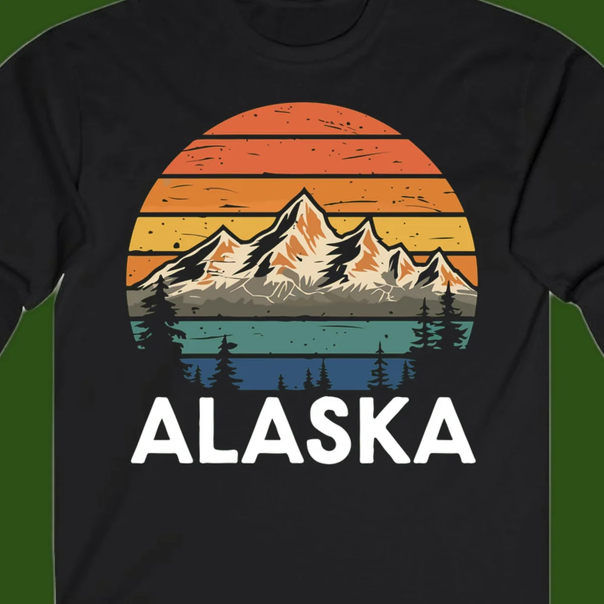 Retro layered landscape illustration of snow-capped Alaska mountains against warm sunset sky with forest silhouettes and pine trees below