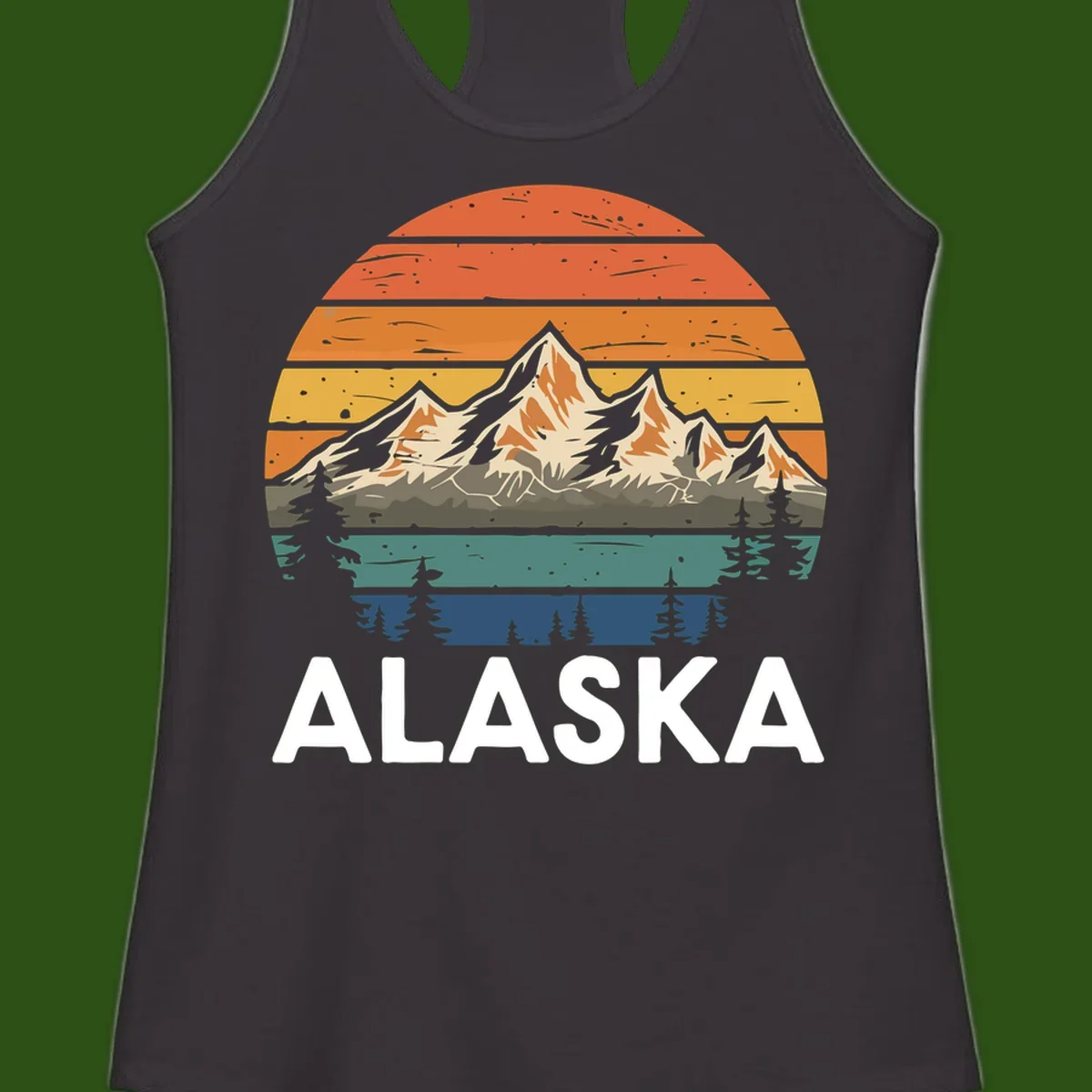Retro layered landscape illustration of snow-capped Alaska mountains against warm sunset sky with forest silhouettes and pine trees below