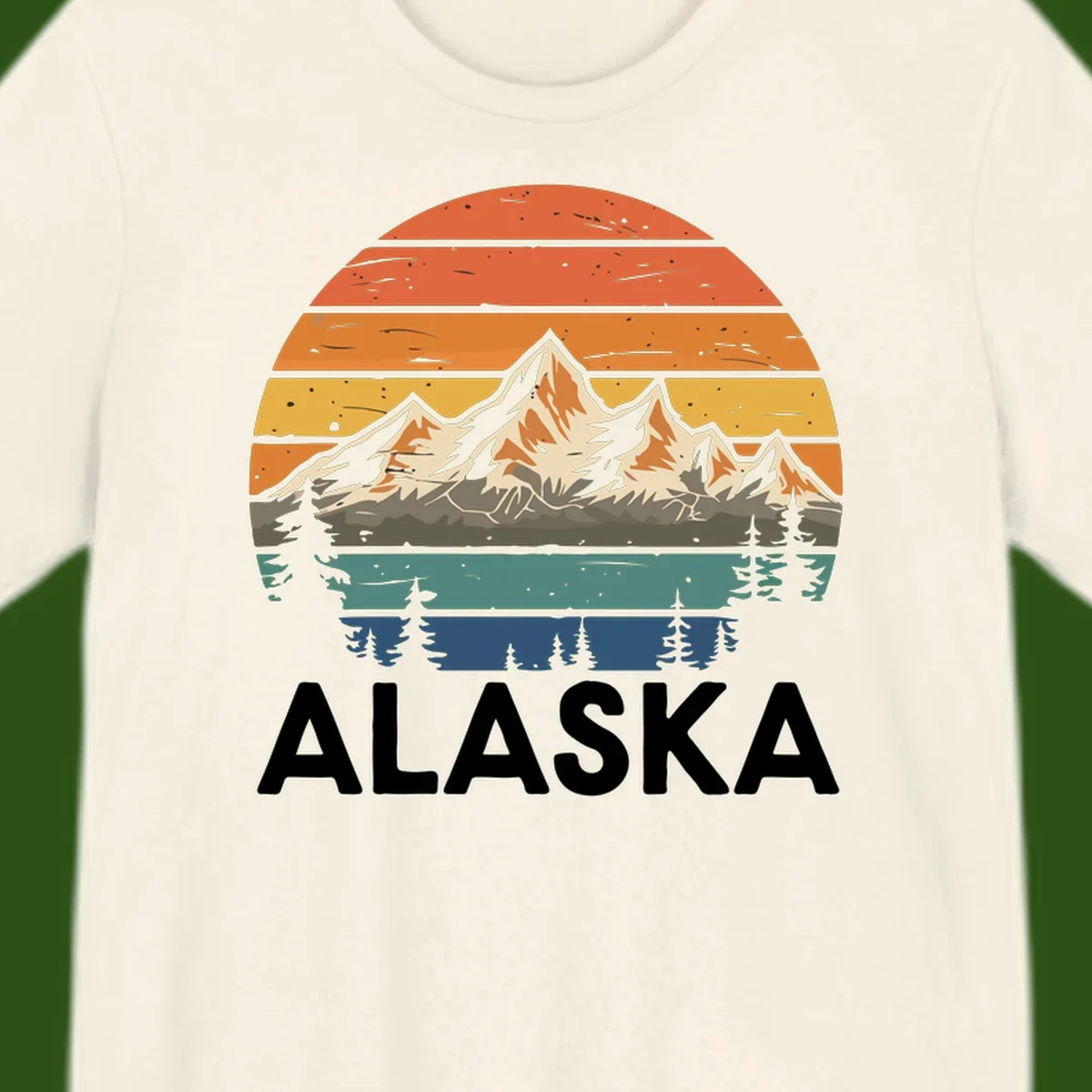 Retro layered landscape illustration of snow-capped Alaska mountains against warm sunset sky with forest silhouettes and pine trees below