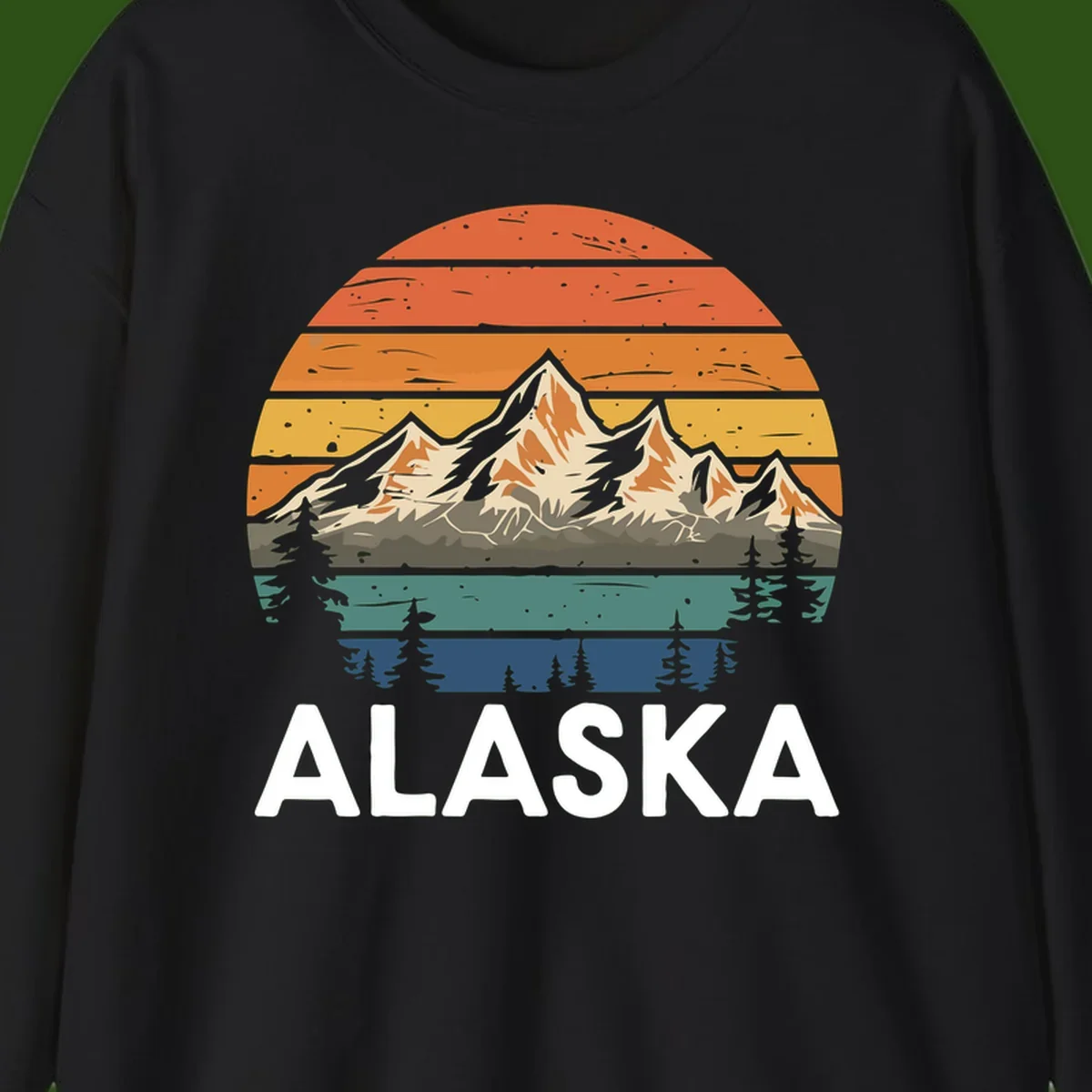 Retro layered landscape illustration of snow-capped Alaska mountains against warm sunset sky with forest silhouettes and pine trees below