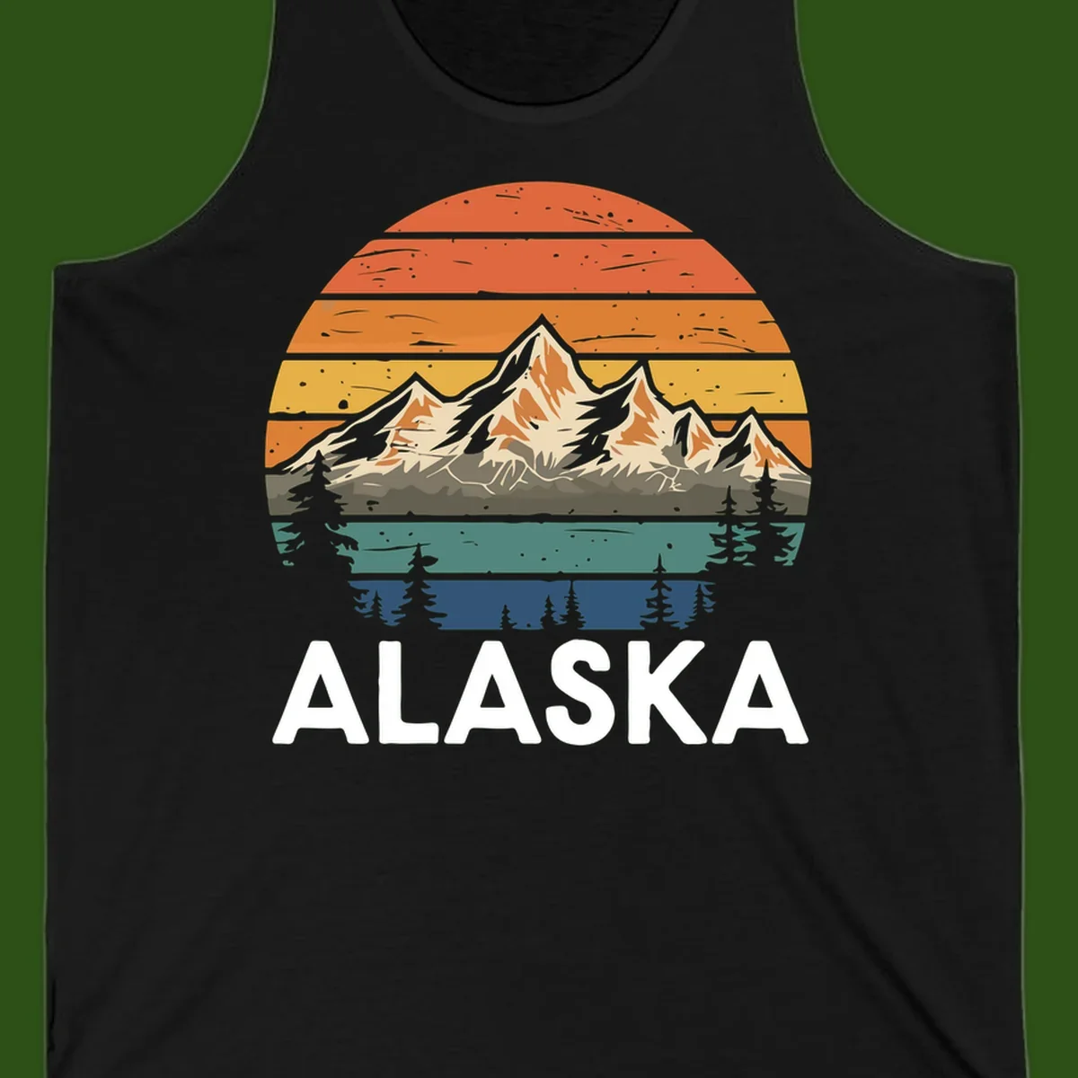 Retro layered landscape illustration of snow-capped Alaska mountains against warm sunset sky with forest silhouettes and pine trees below