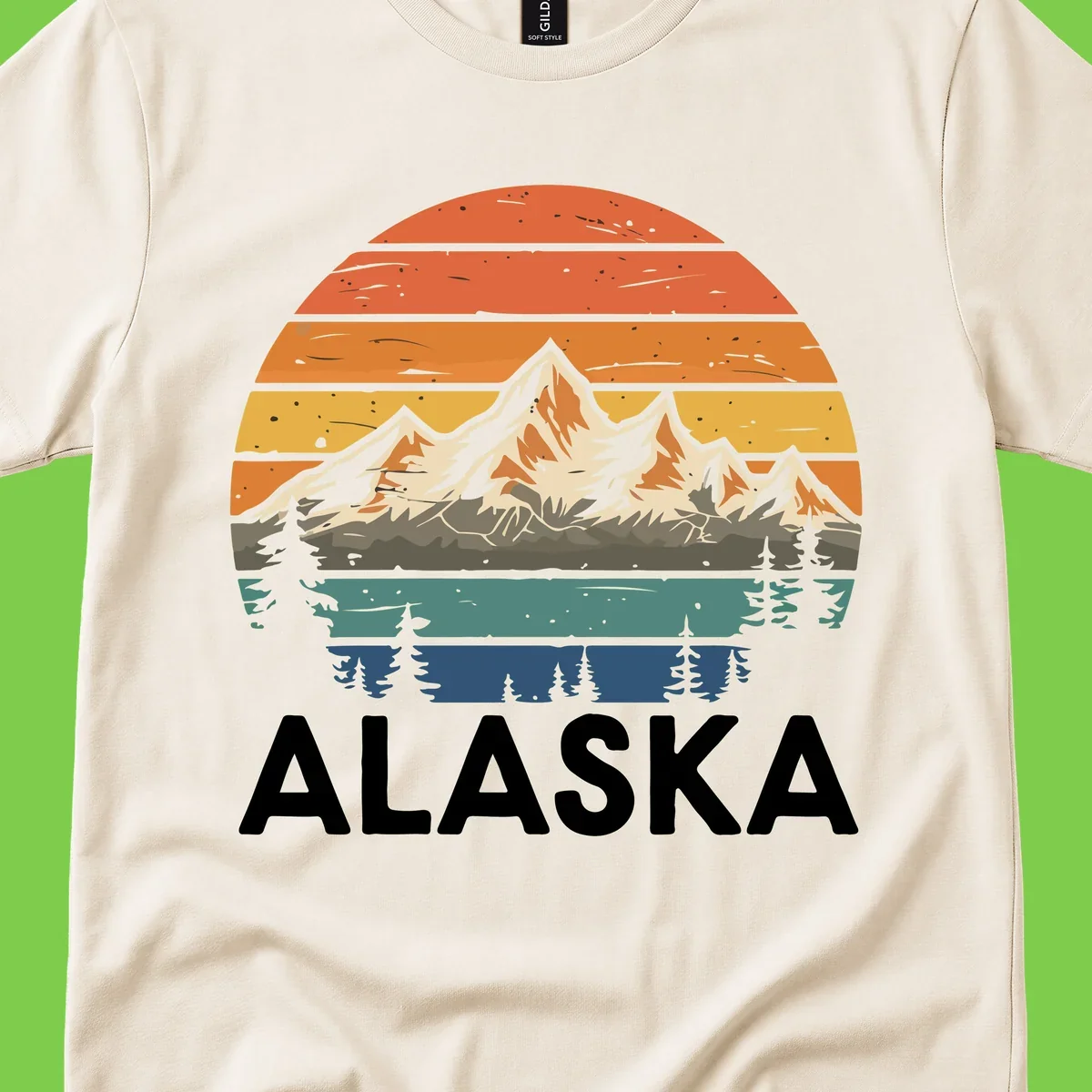 Retro layered landscape illustration of snow-capped Alaska mountains against warm sunset sky with forest silhouettes and pine trees below