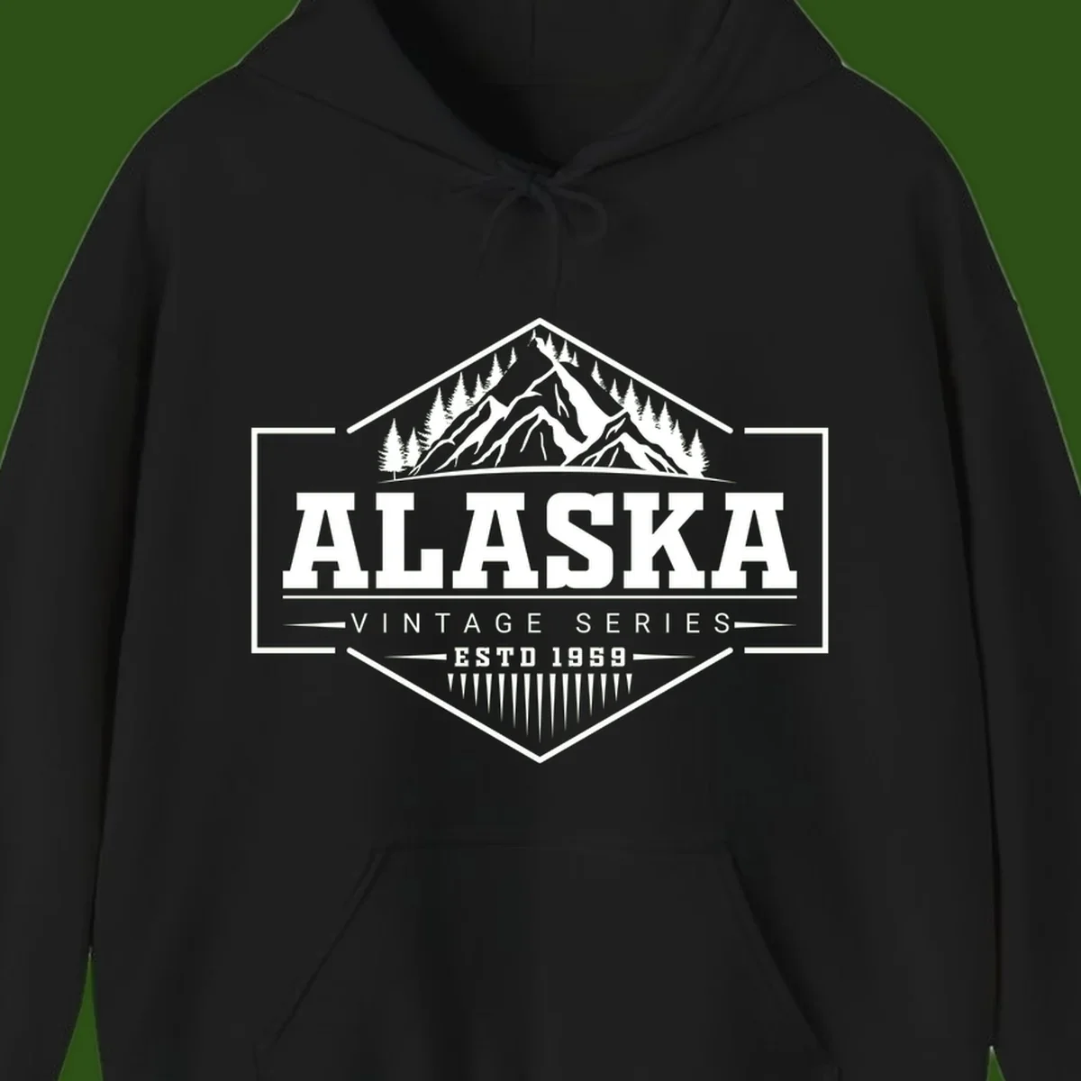 Alaska vintage mountain badge design with snow peaks, evergreen trees, and retro hexagonal patch styling