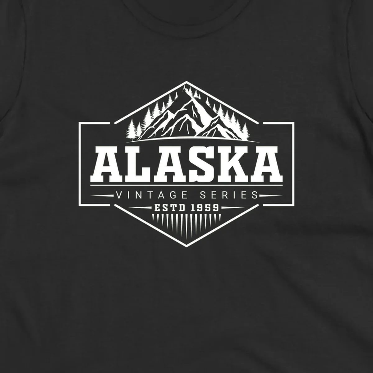 Alaska vintage mountain badge design with snow peaks, evergreen trees, and retro hexagonal patch styling