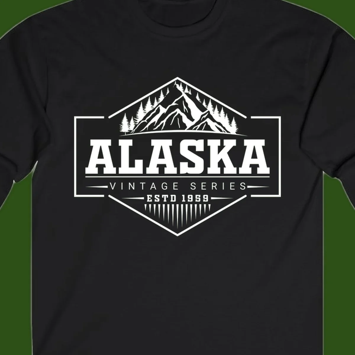 Alaska vintage mountain badge design with snow peaks, evergreen trees, and retro hexagonal patch styling