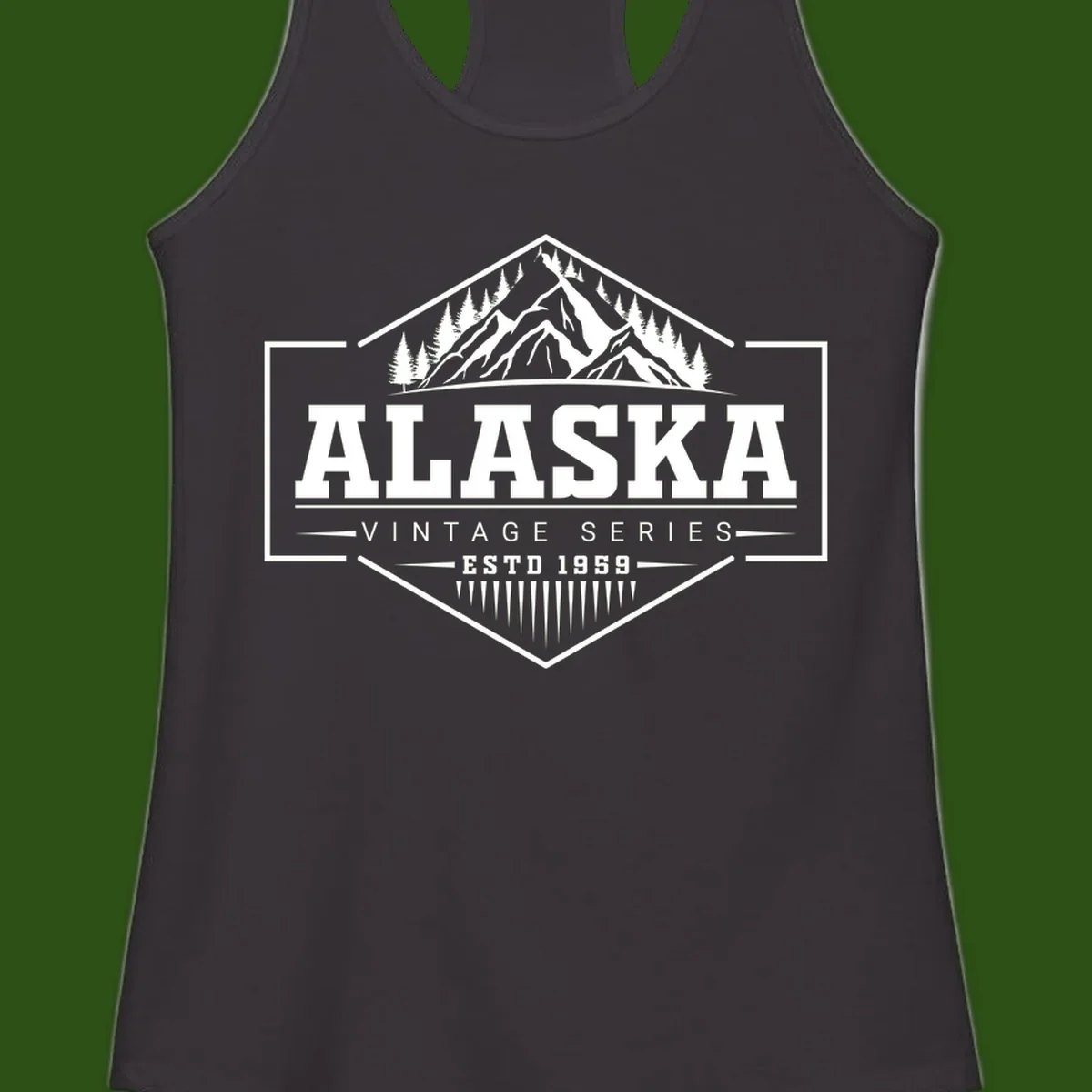 Alaska vintage mountain badge design with snow peaks, evergreen trees, and retro hexagonal patch styling