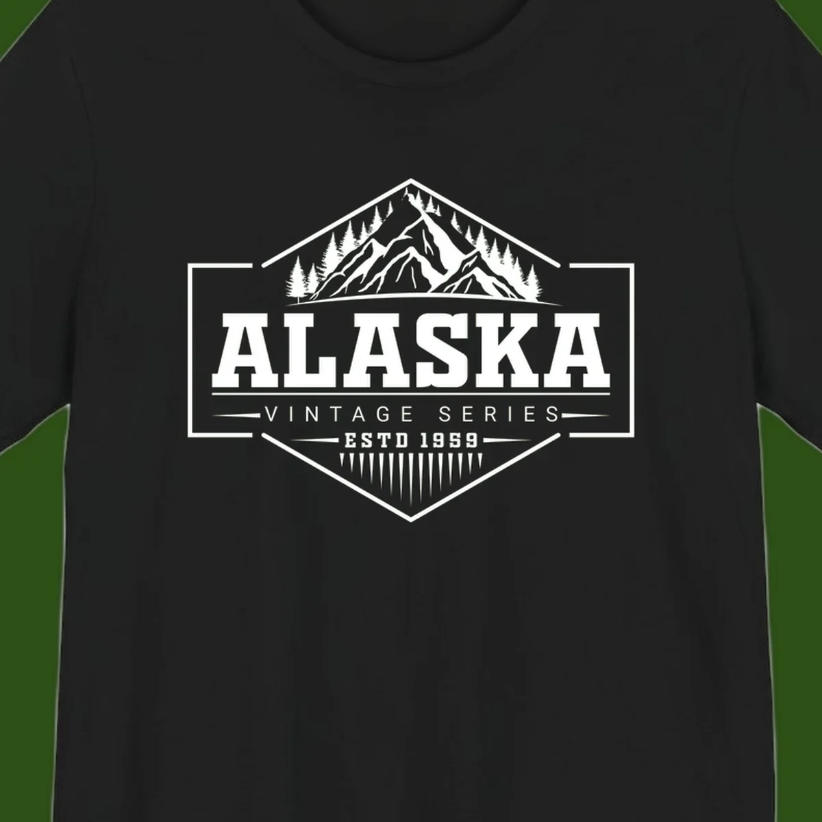 Alaska vintage mountain badge design with snow peaks, evergreen trees, and retro hexagonal patch styling