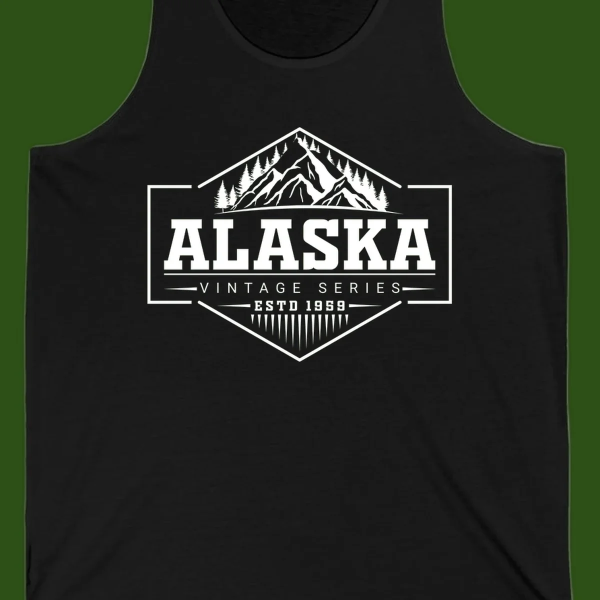 Alaska vintage mountain badge design with snow peaks, evergreen trees, and retro hexagonal patch styling