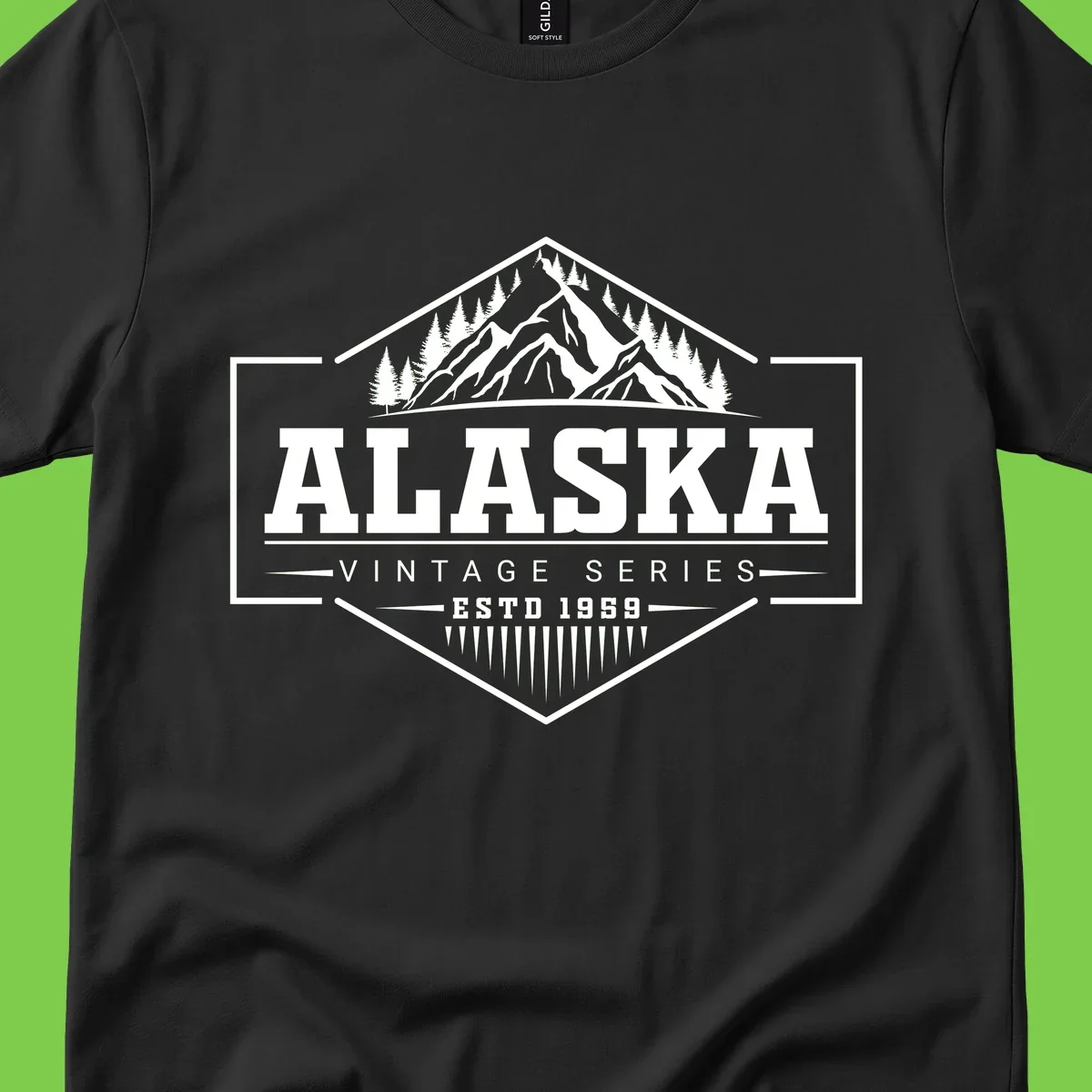 Alaska vintage mountain badge design with snow peaks, evergreen trees, and retro hexagonal patch styling